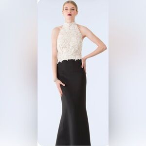 Tadashi Shoji Cream & Black Embroidered Halter Gown/Dress Lace Appliqué